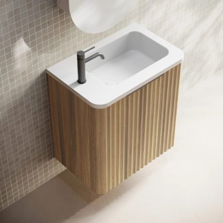 gravity fluted wall hung vanity, walnut, right hand hinge, left hand basin, brushed nickel handle 0500mm