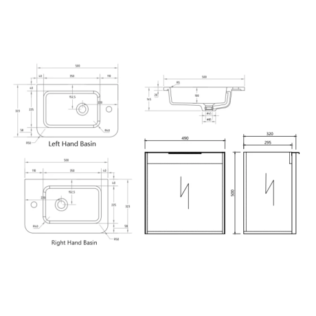 gravity fluted wall hung vanity, walnut, left hand hinge, right hand basin, matte black handle 0500mm