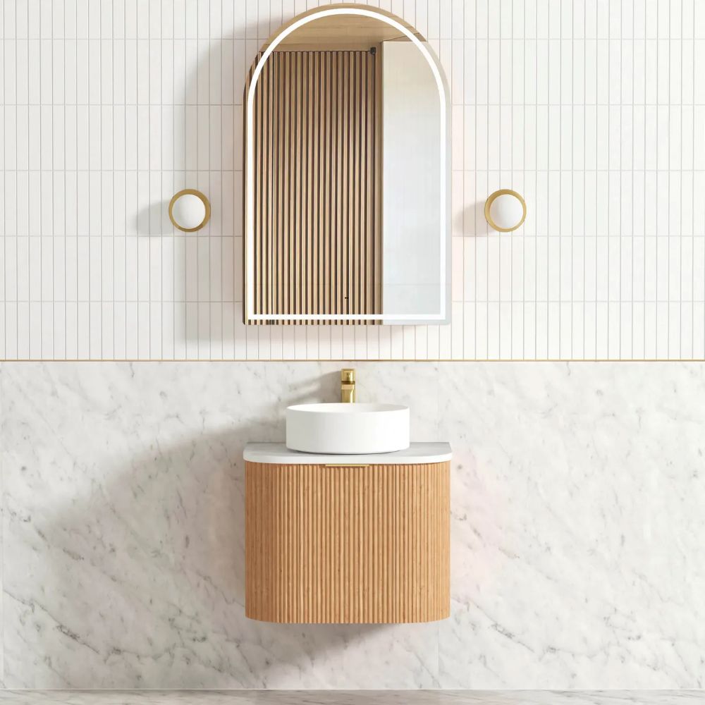 bondi fluted 0600mm woodland oak curve vanity, cabinet only