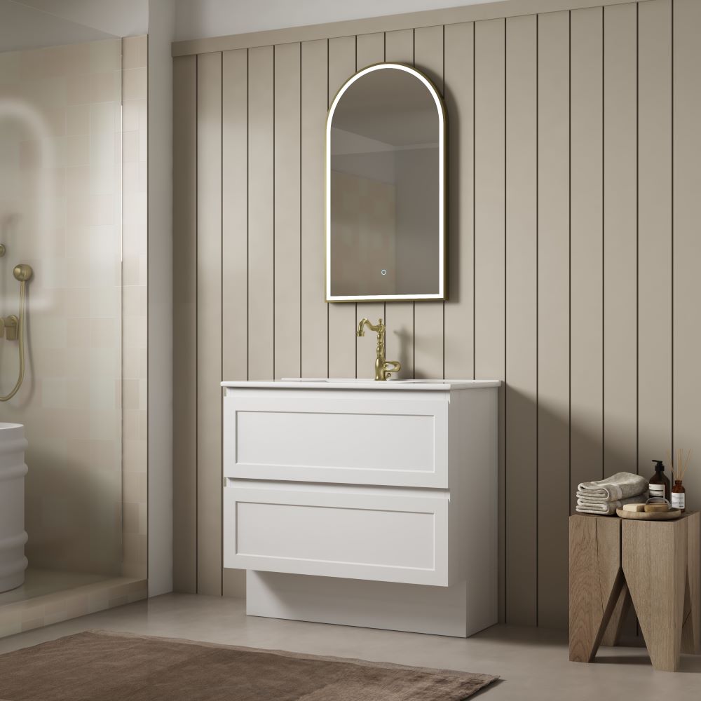 marland floor mount vanity 0750mm single basin top, matte white