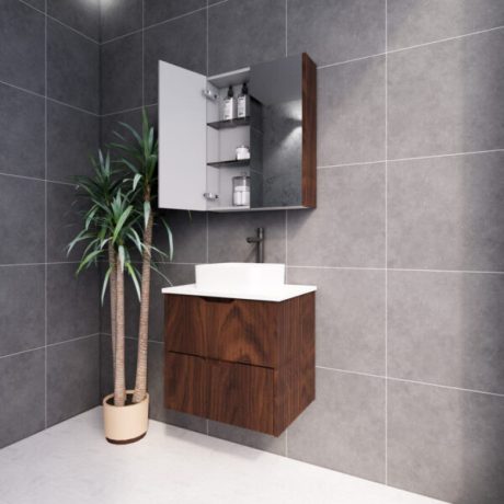 bali, brown oak wall hung fluted vanity cabinet only