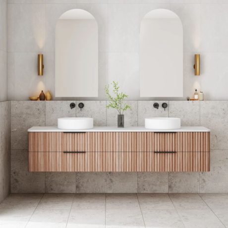 gravity fluted wall hung vanity, double basin top, walnut 1800mm