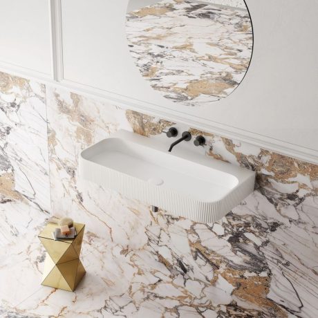 v groove wall hung basin, matte white 0900mm