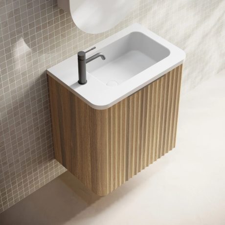 gravity fluted wall hung vanity, natural oak, left hand hinge, left hand basin, matte black handle 0500mm