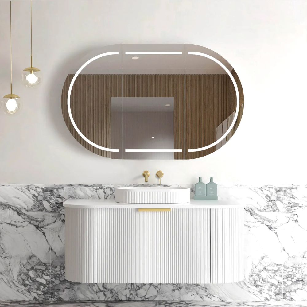bondi fluted 1200mm satin white curve vanity cabinet only