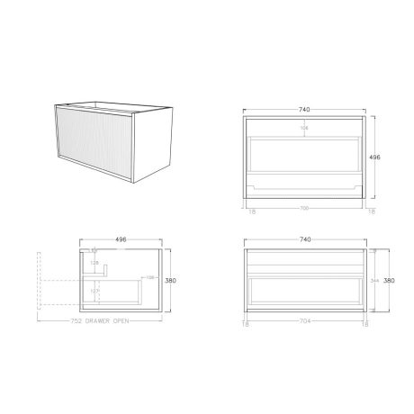 bellevue vanity, prime oak 0750mm cabinet only, single basin