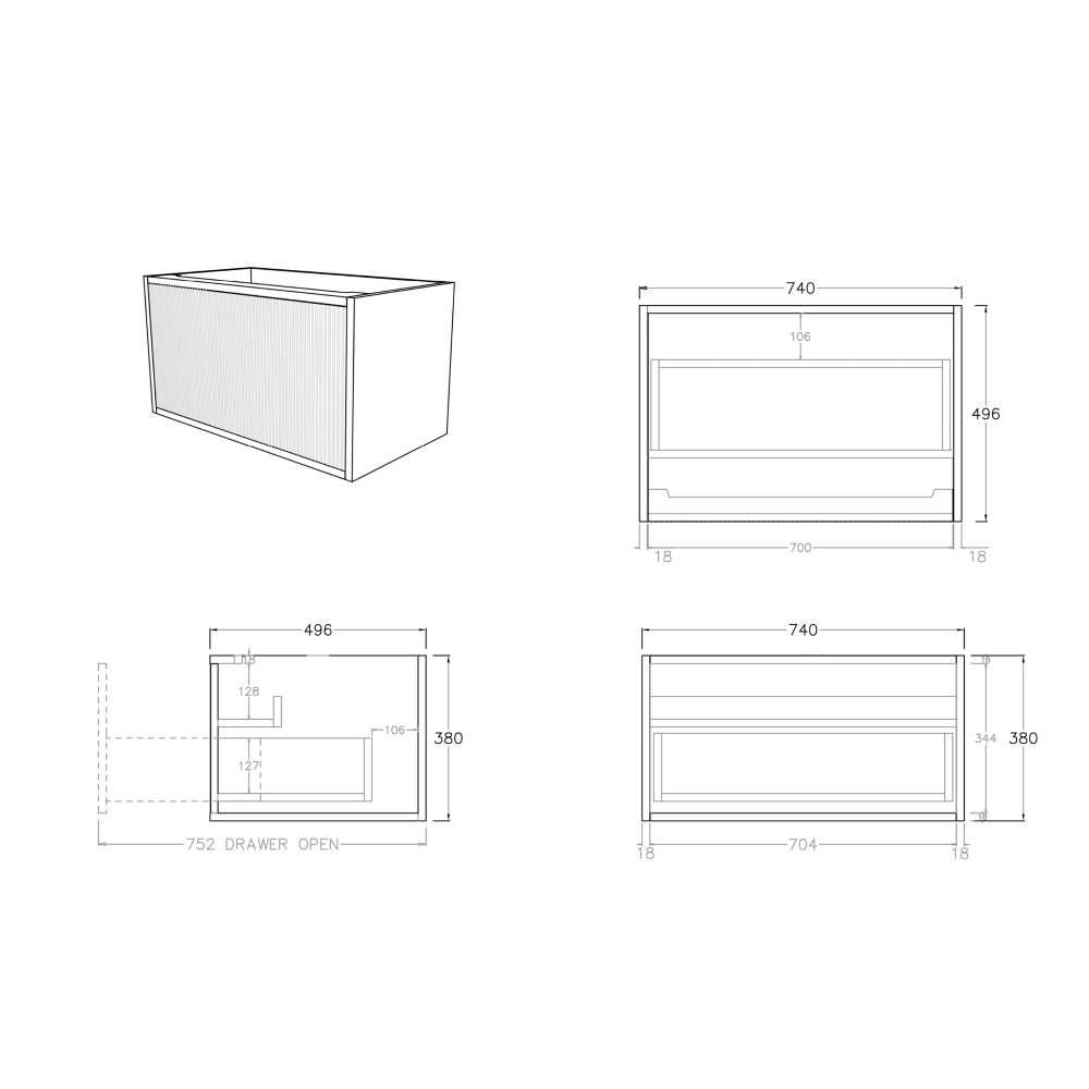bellevue vanity, prime oak 0750mm cabinet only, single basin