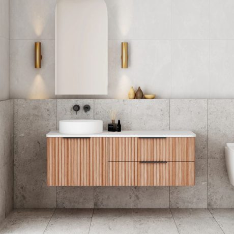 gravity fluted wall hung vanity, left hand basin top, walnut 1200mm