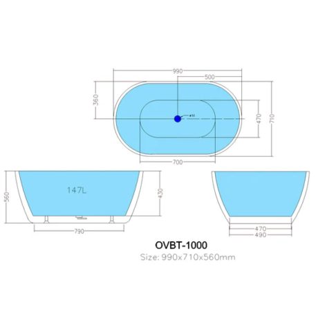 olivia free standing bathtub, gloss white 1000mm no overflow