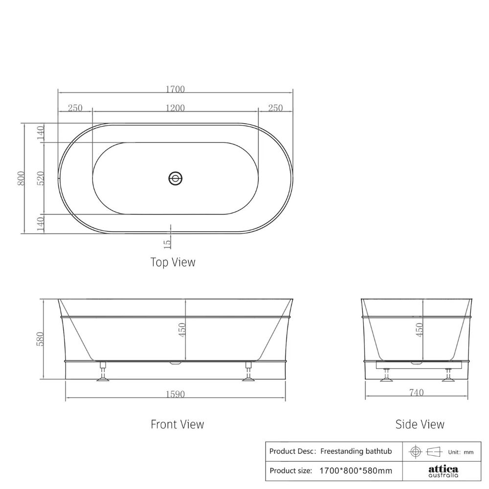 attica bondi freestanding bath, gloss white 1700mm