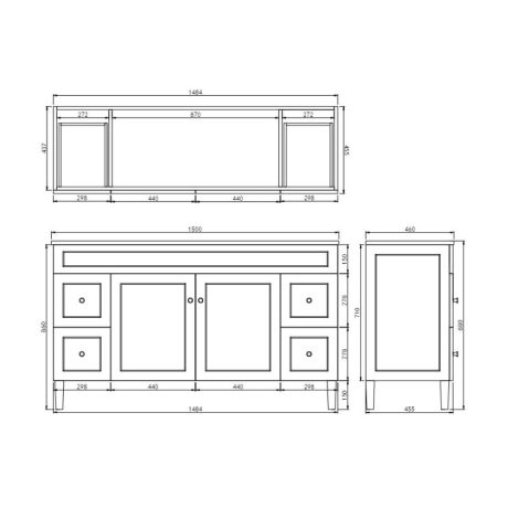 harrington pvc 1500mm single basin cabinet only, matte white brushed nickel handle