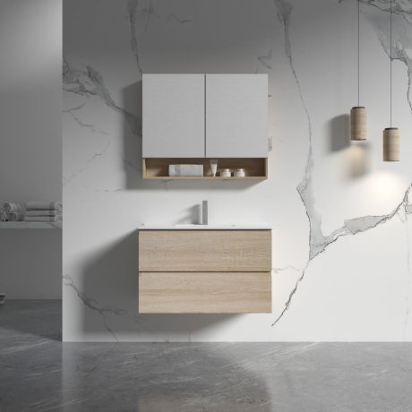 legna wall hung single basin vanity, natural oak 0750mm cabinet only
