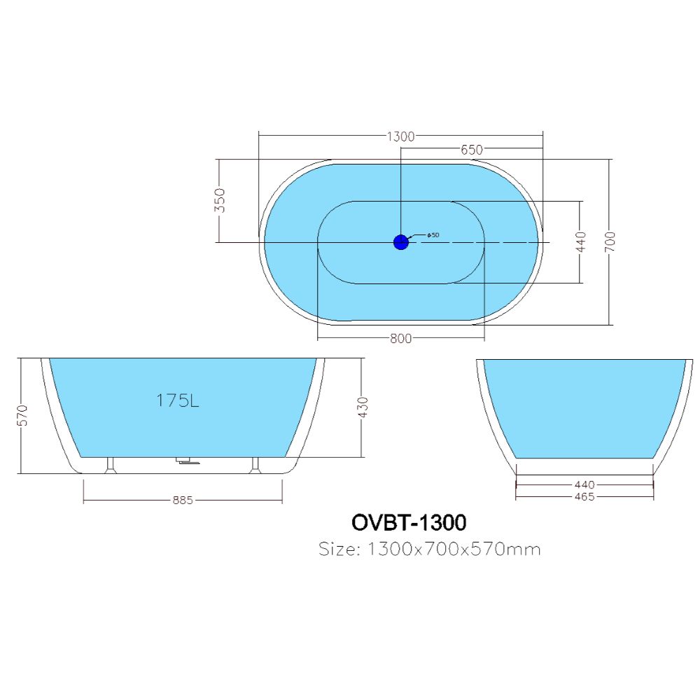olivia free standing bathtub, gloss white 1300mm no overflow