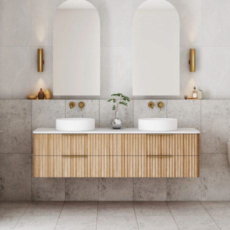 gravity fluted wall hung vanity, double basin top, oak 1500mm