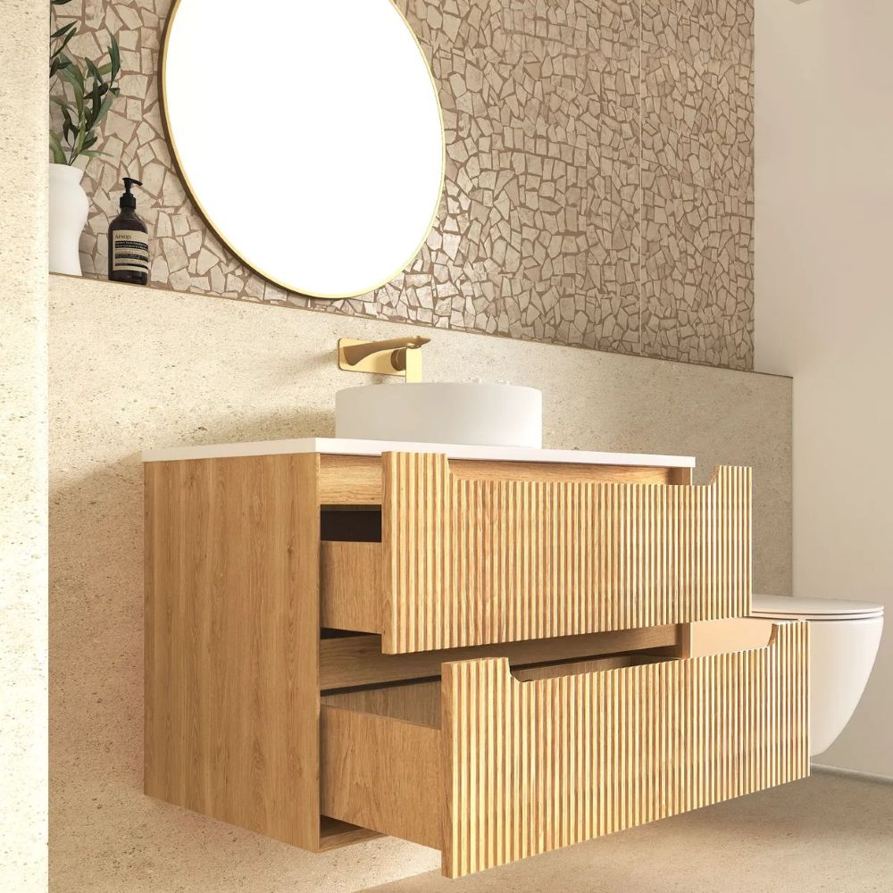byron fluted 0900mm woodland oak wall hung vanity cabinet only