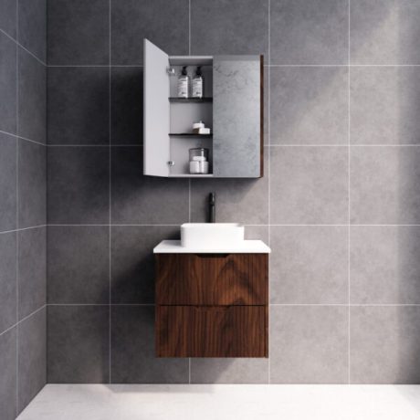 bali, brown oak wall hung fluted vanity cabinet only