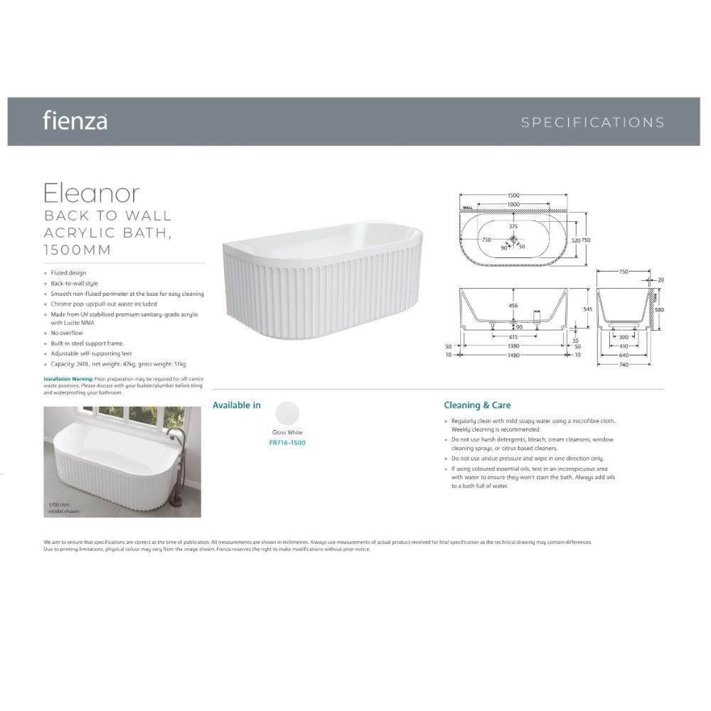 eleanor fluted back to wall acrylic bath, gloss white 1500mm