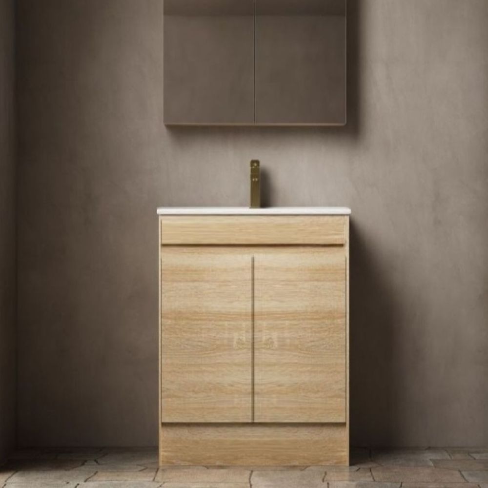 legna floor mount single basin vanity, natural oak 0600mm with polymarble top 02060