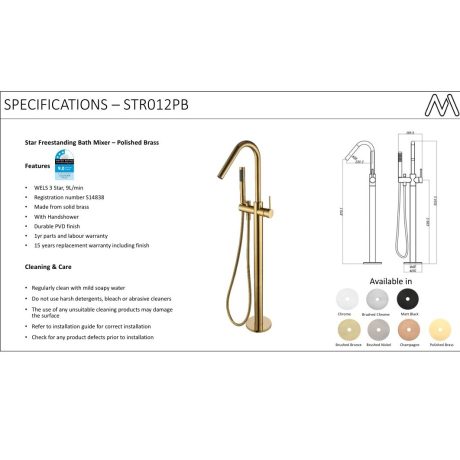 star freestanding bath mixer with hand shower, pvd polished bronze