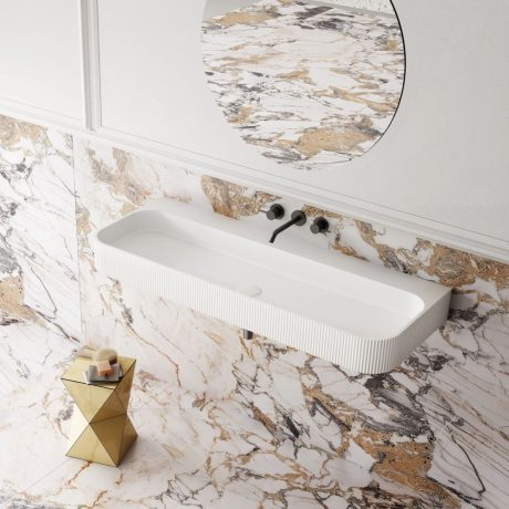 v groove wall hung basin, matte white 1200mm
