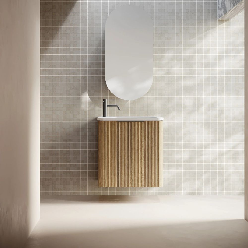 gravity fluted wall hung vanity, walnut, left hand hinge, left hand basin, brushed nickel handle 0500mm