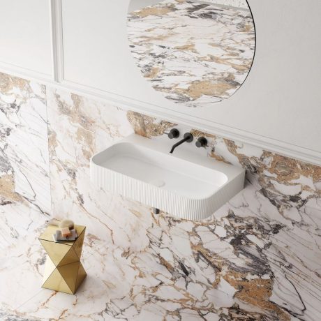 v groove wall hung basin, matte white 0750mm