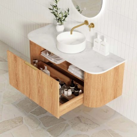 bondi fluted 1200mm woodland oak curve vanity, cabinet only