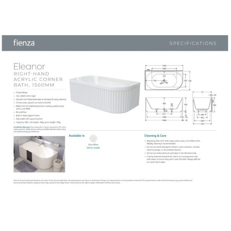 eleanor fluted right hand acrylic corner bath, gloss white 1500mm