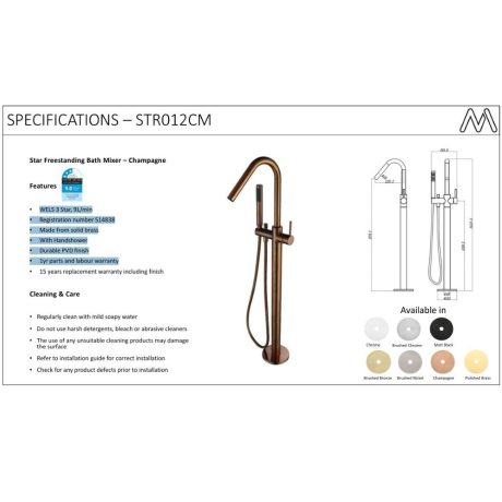 star freestanding bath mixer with hand shower, pvd champagne