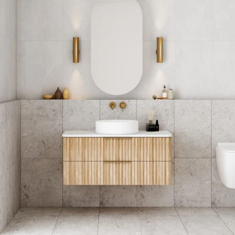 gravity fluted wall hung vanity with top, oak 0900mm