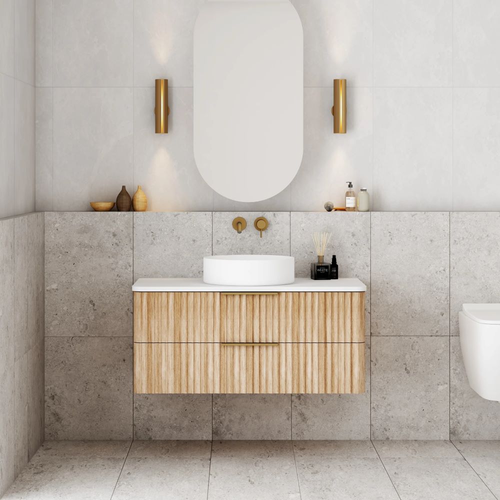 gravity fluted wall hung vanity with top, oak 0900mm