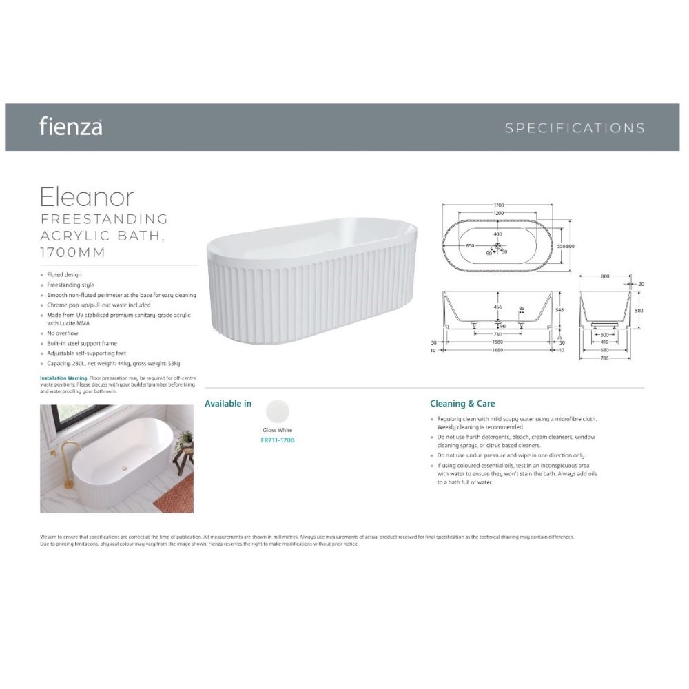 eleanor fluted freestanding acrylic bath, gloss white 1700mm