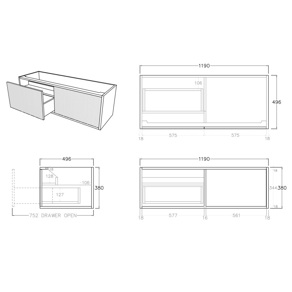 bellevue vanity, coastal oak 1200mm, cabinet only, left hand draws, double basin