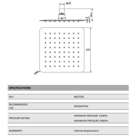 eckig square stainless steel shower head, brushed nickel 250mm