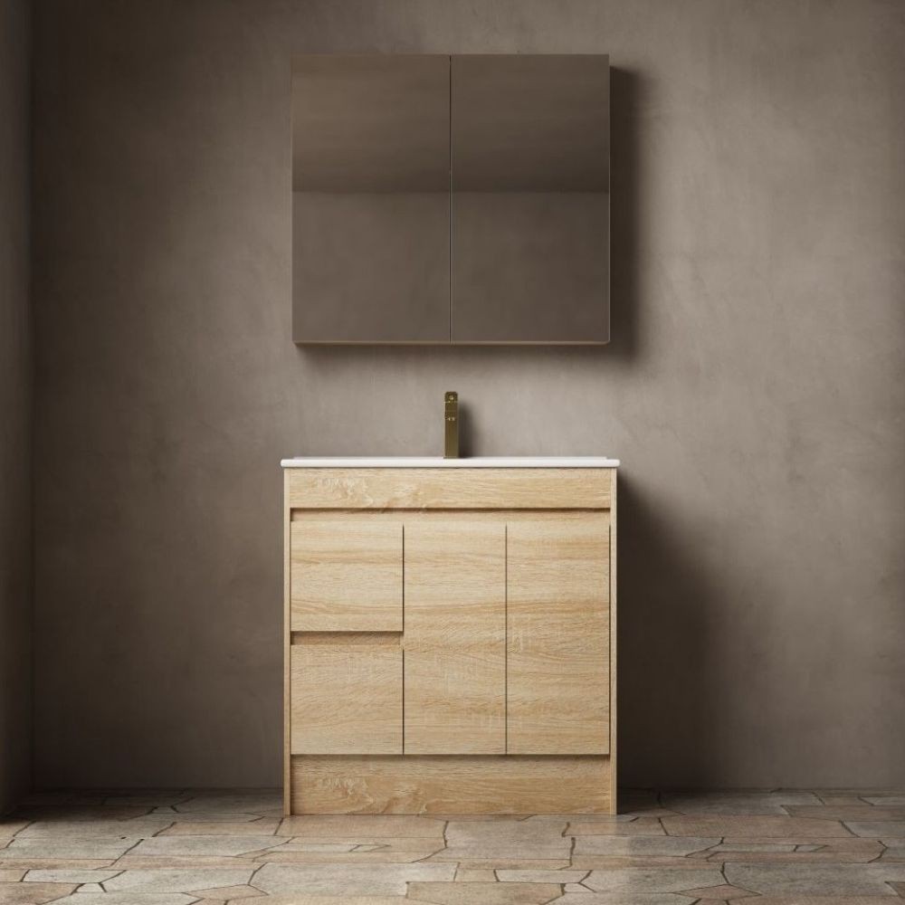 legna floor mount single basin vanity, left hand drawer, natural oak 0750mm cabinet only