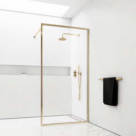 framed single panel shower & support bar, light gold 1000mm