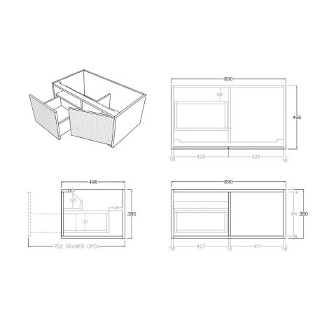 bellevue vanity, prime oak 0900mm, cabinet only, left hand draws, single basin