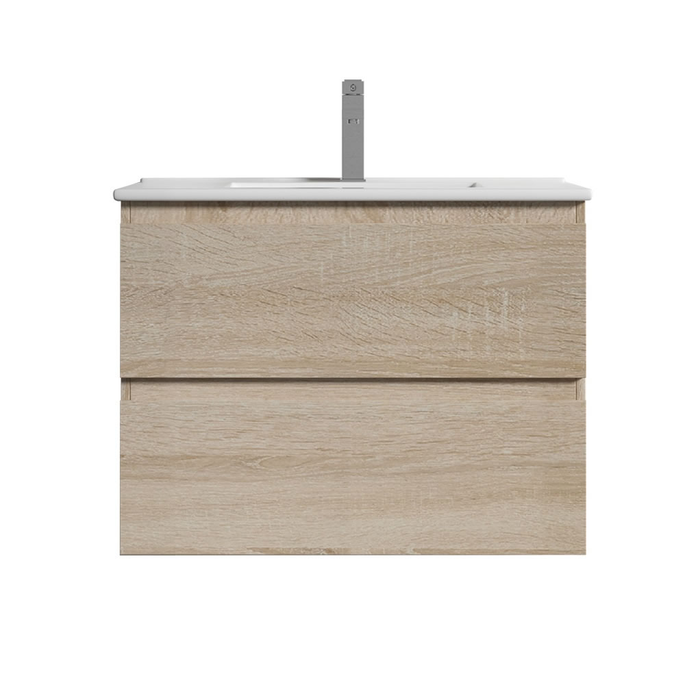legna wall hung single basin vanity, natural oak 0750mm with 03075 ceramic top