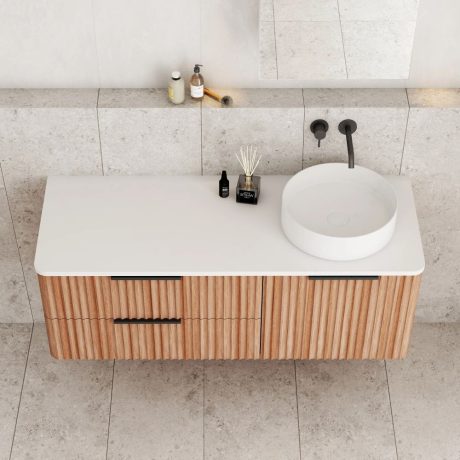 gravity fluted wall hung vanity, right hand basin top, walnut 1200mm