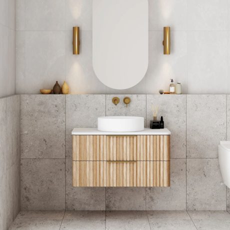 gravity fluted wall hung vanity with top, oak 0750mm