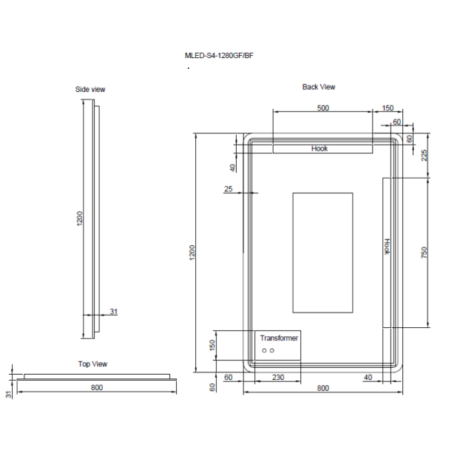 rectangle framed led mirror with dimmer, matte black 1200mm