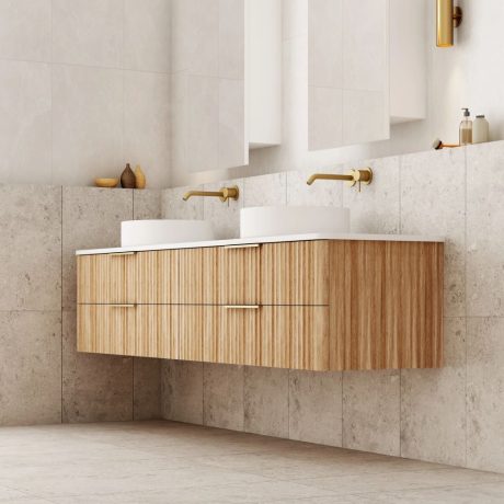 gravity fluted wall hung vanity, double basin top, oak 1800mm