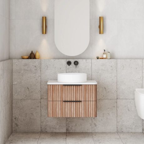 gravity fluted wall hung vanity with top, walnut 0600mm
