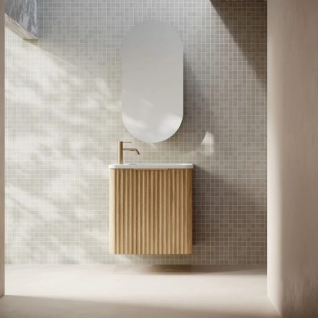 gravity fluted wall hung vanity, walnut, right hand hinge, left hand basin, brushed gold handle 0500mm