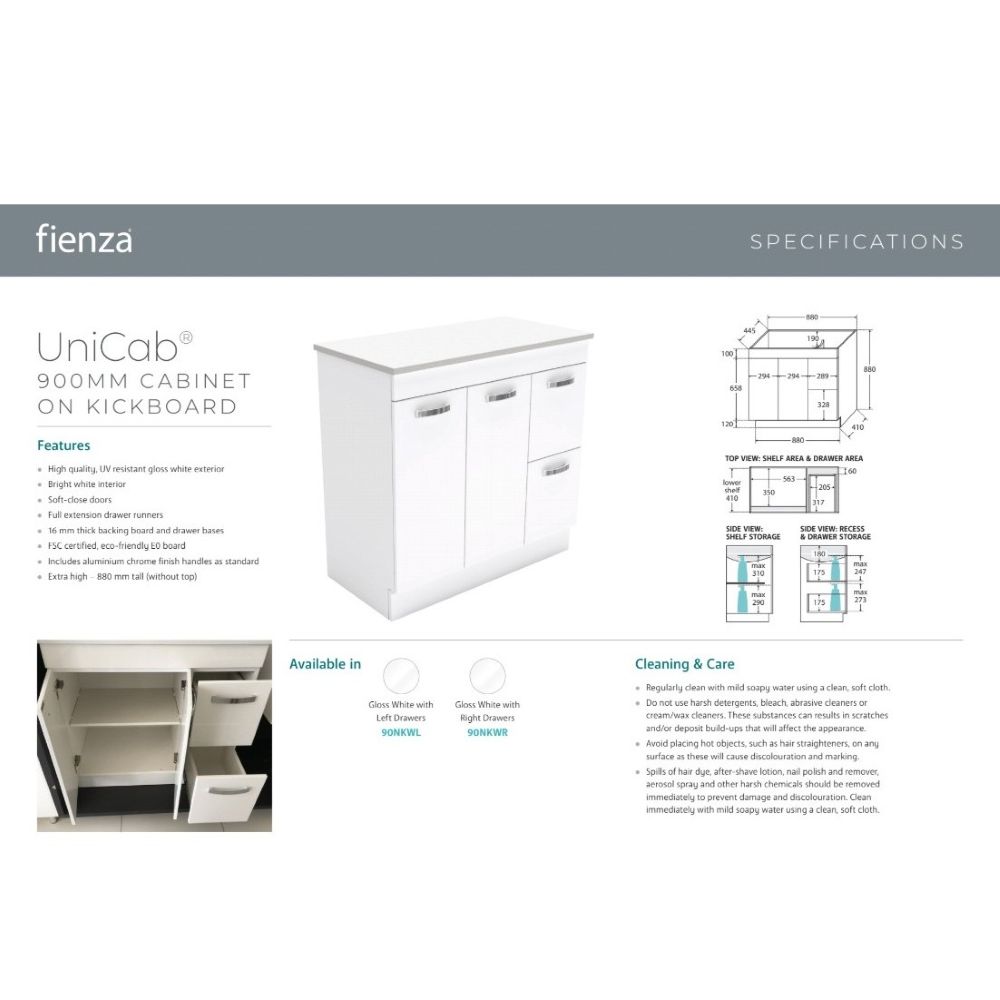 dolce unicab ceramic top & vanity on kickboard 0900mm, gloss white right hand drawers