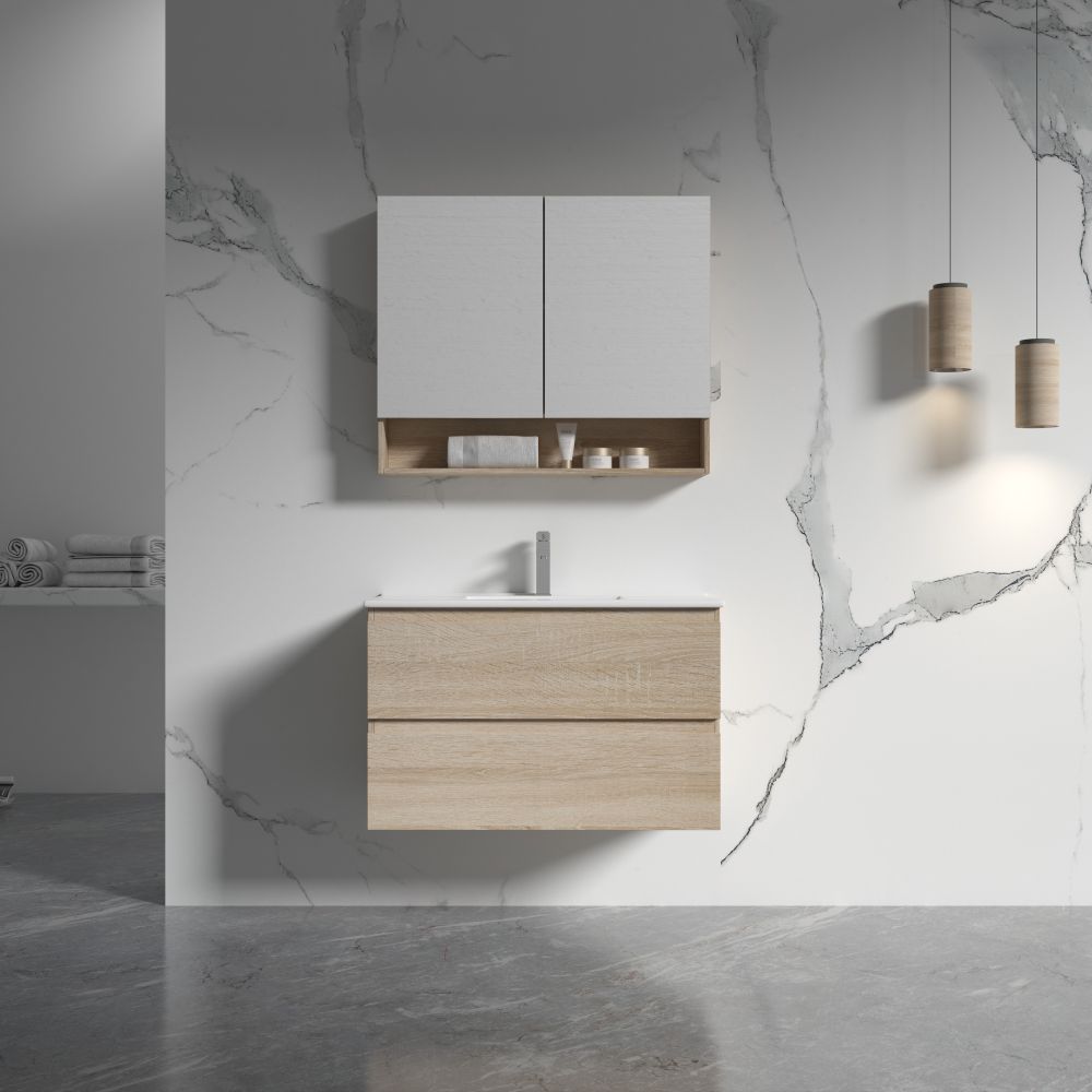 legna wall hung single basin vanity, natural oak 0750mm with 01075 ceramic top