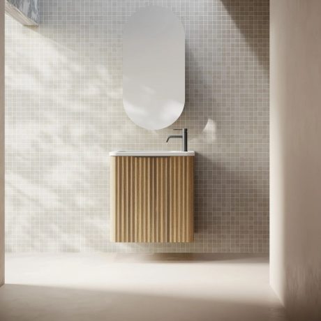 gravity fluted wall hung vanity, walnut, left hand hinge, right hand basin, matte black handle 0500mm