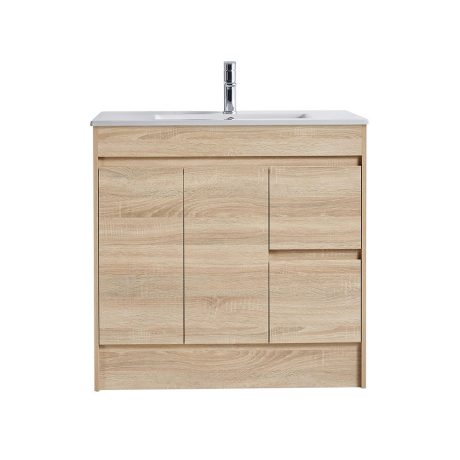 legna floor mount single basin vanity, right hand drawer, natural oak 0900mm with 03090 ceramic top