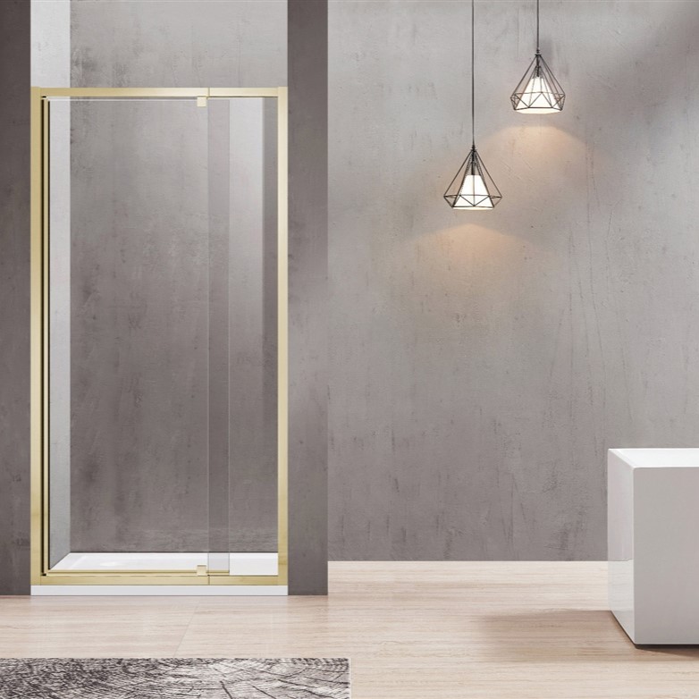 semi frame wall to wall pivot door shower, brushed gold 850 950mm