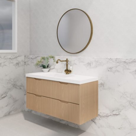 bali wall hung fluted vanity, american oak 1200mm cabinet only